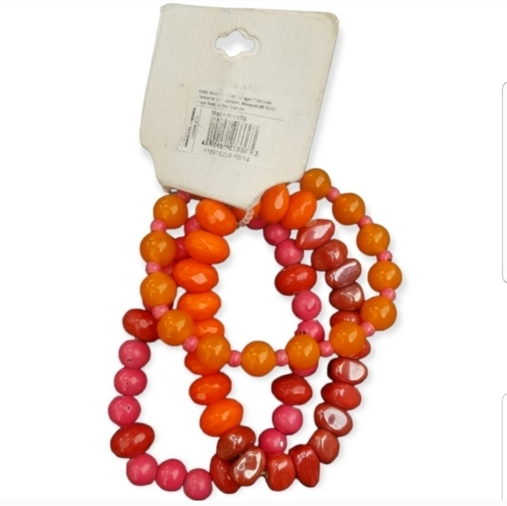 NEW WITH TAG THREE VIBRANT ORANGE, PINK & RED GLAZED CERAMIC BEADED BRACELETS